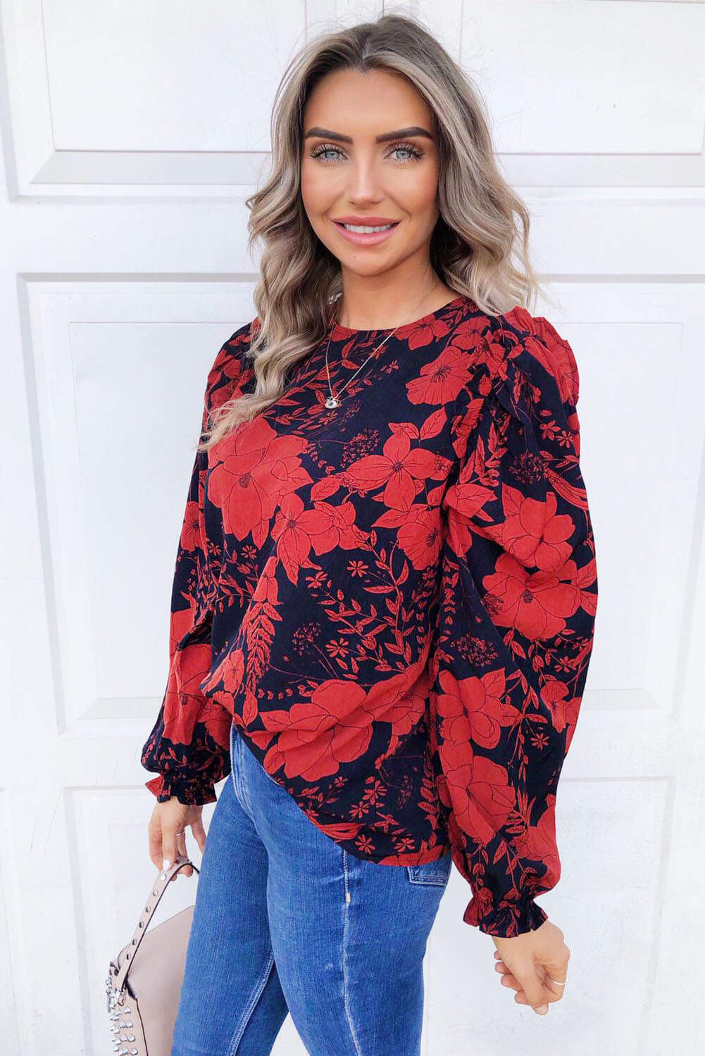 Red Floral Frill Shoulder Blouse - Swimclubus