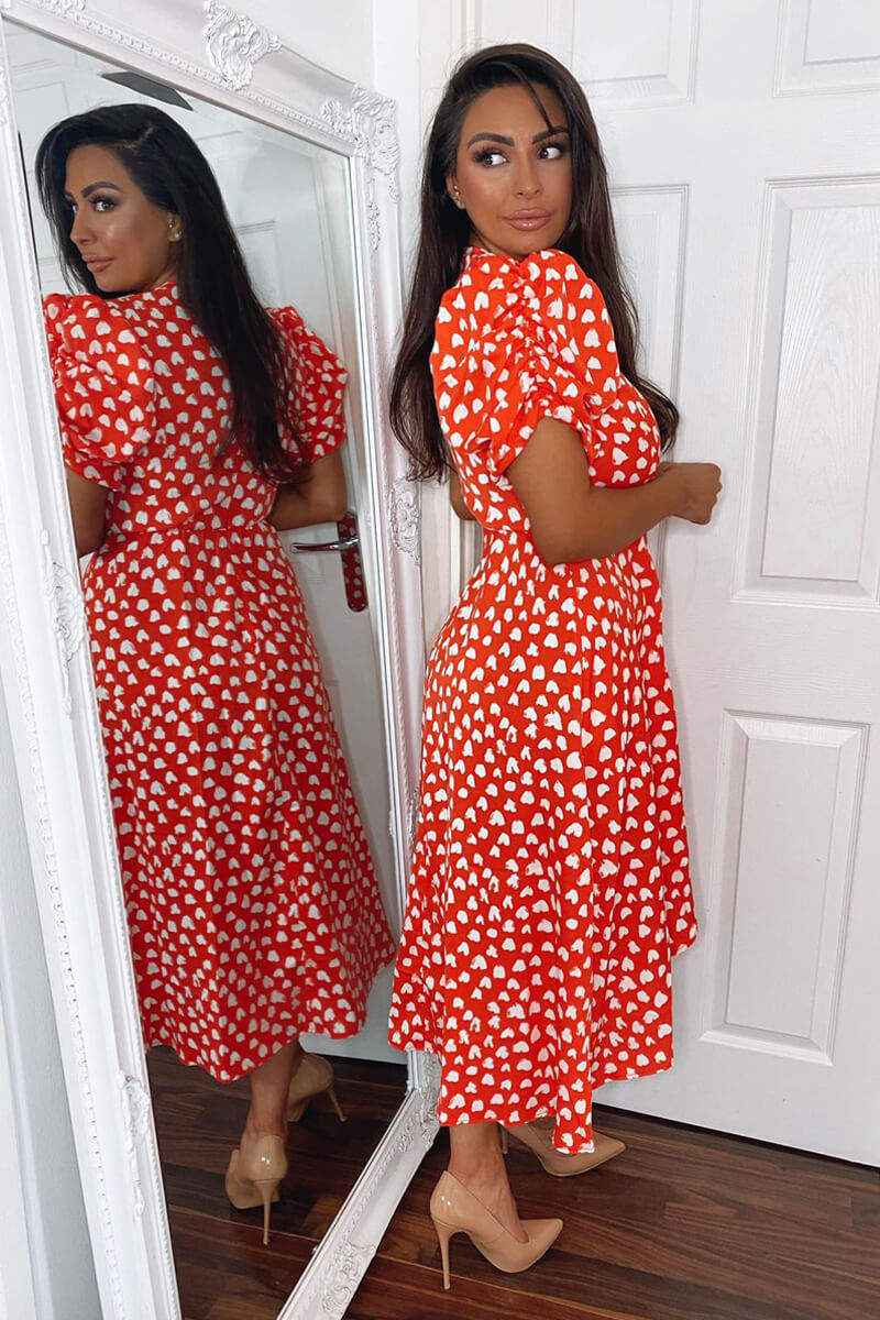 Red Heart Printed Wrap Midi Dress - Swimclubus