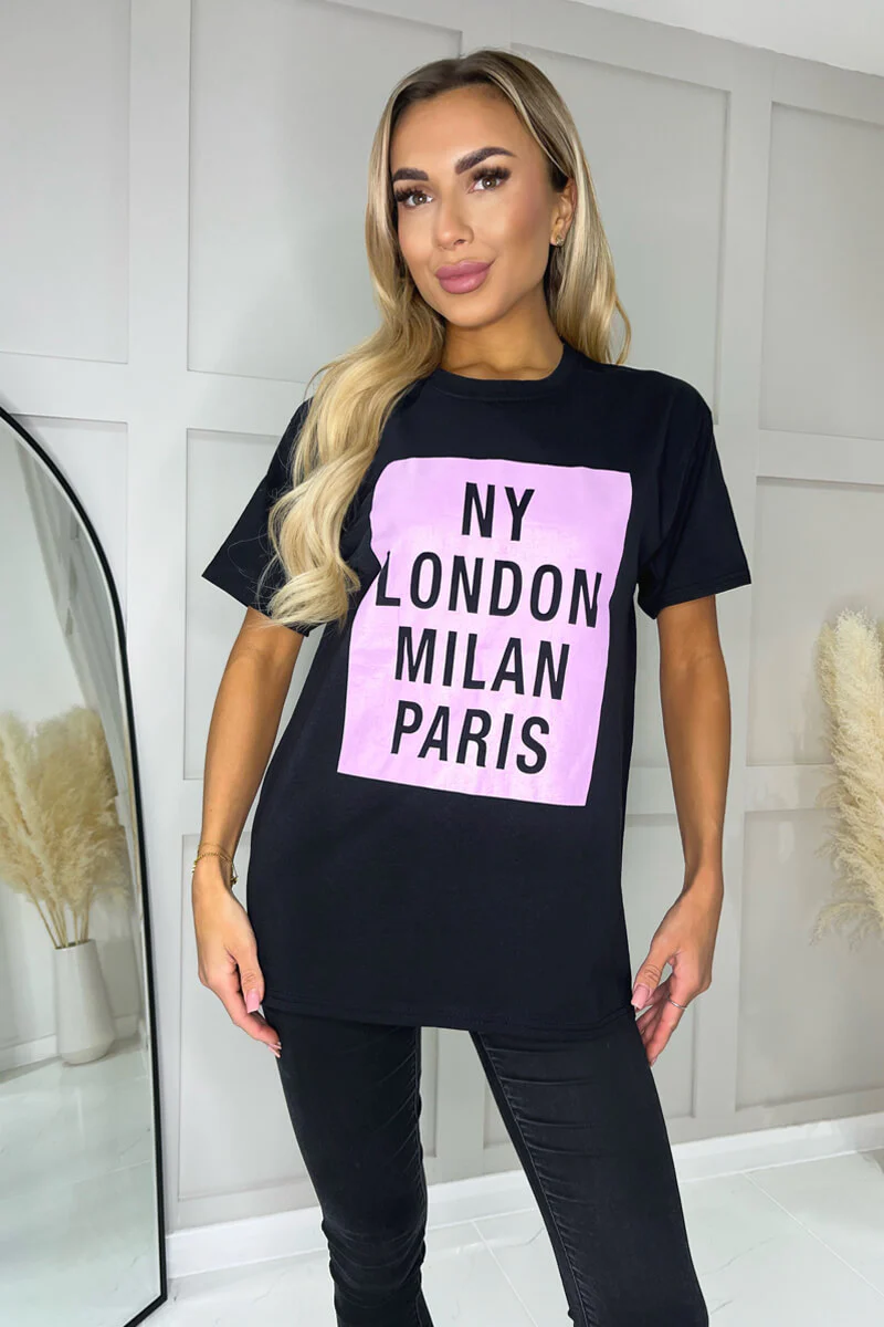 Black NY London Milan Paris Slogan T-Shirt - Swimclubus