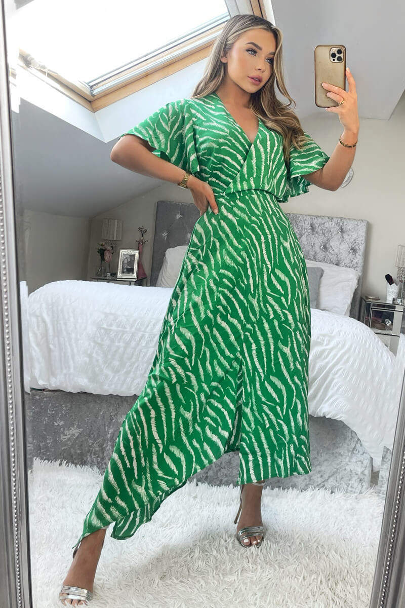 Green And White Animal Print Double Slit Midi Dress - Swimclubus