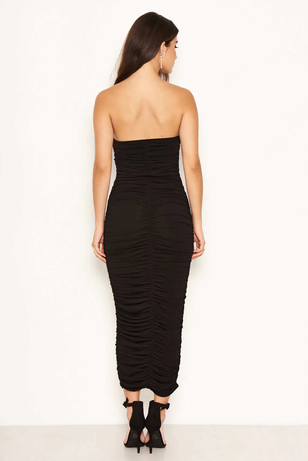 Black Strapless Ruched Bodycon Midi Dress - Swimclubus