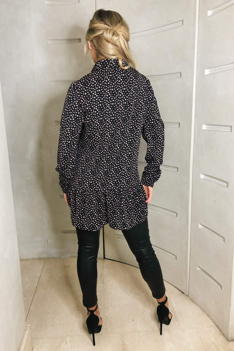 Black Spotty Frill Hem Shirt Dress - Swimclubus