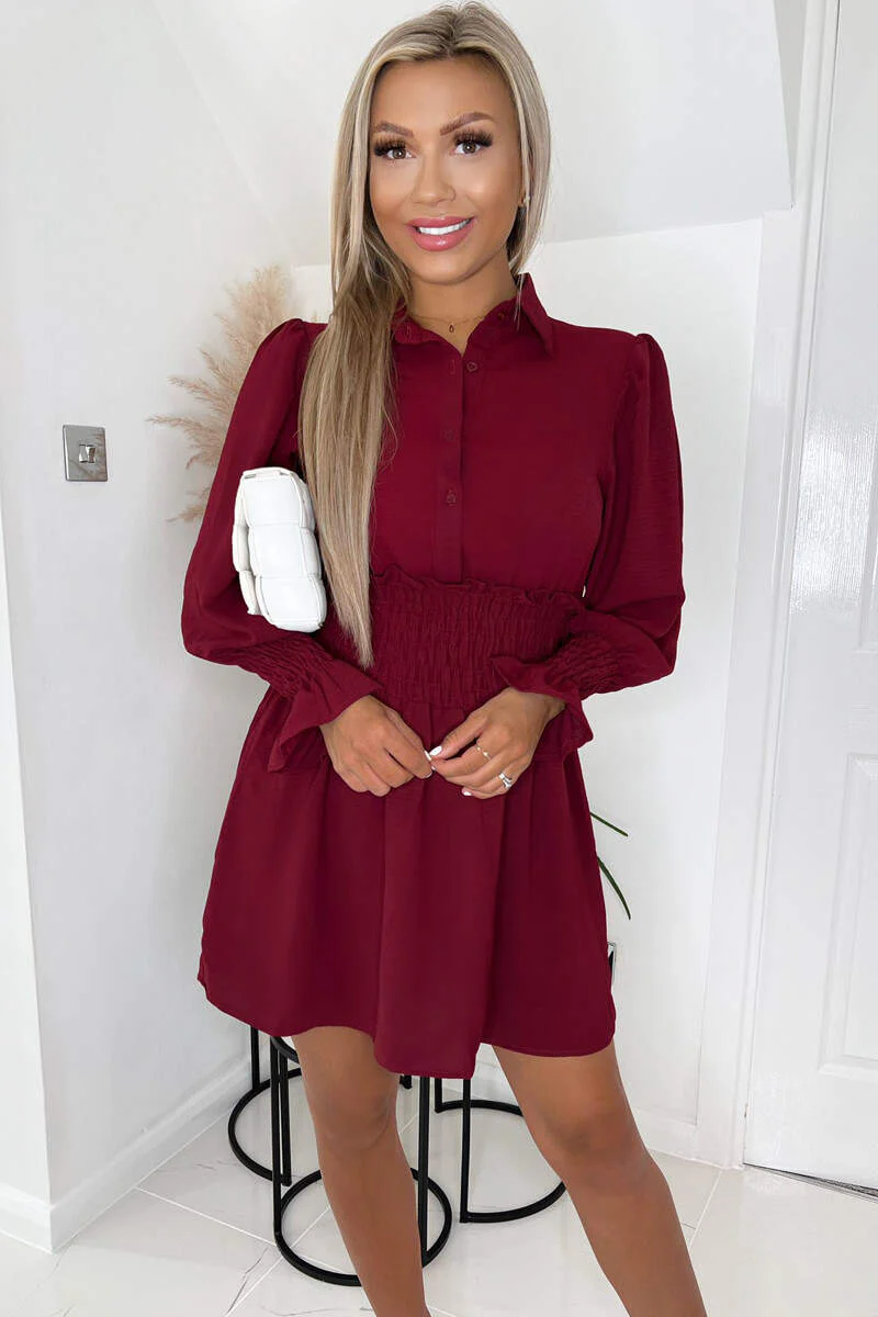 Wine Shirred Waist Long Sleeve Shirt Dress - Swimclubus