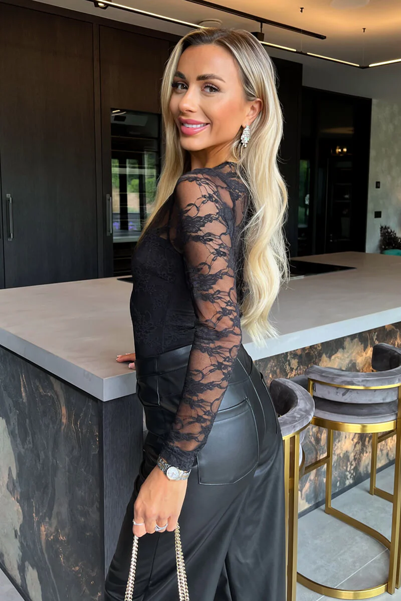Black Lace Overlay Long Sleeve Bodysuit - Swimclubus