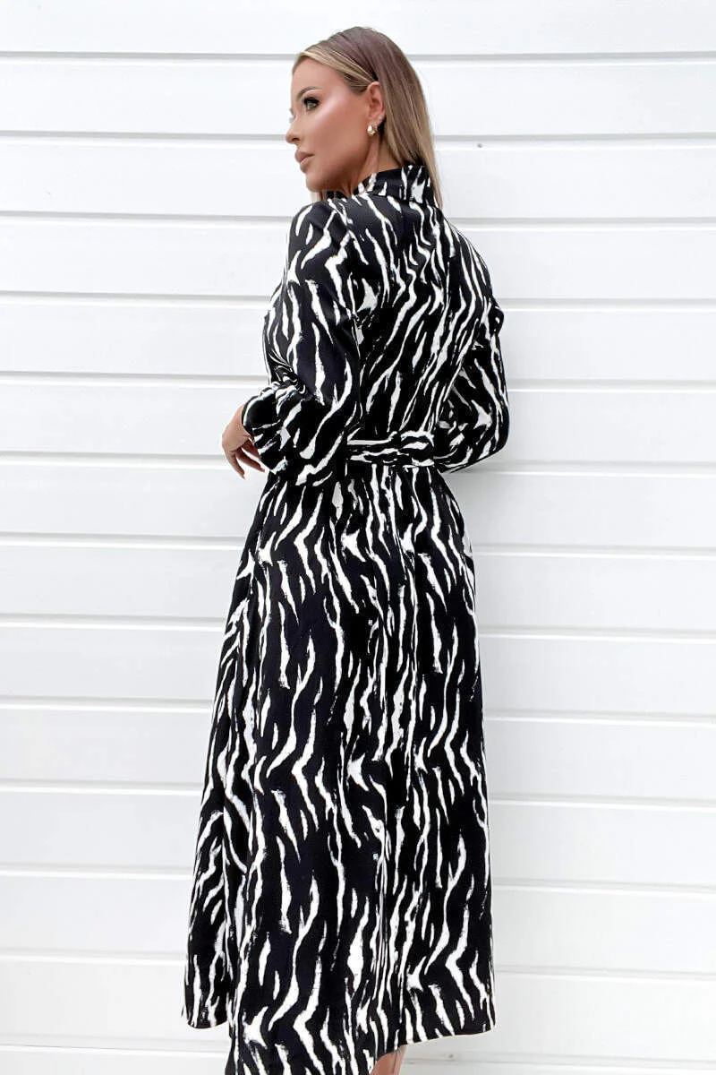 Black And White Printed Button Up Midi Shirt Dress - Swimclubus
