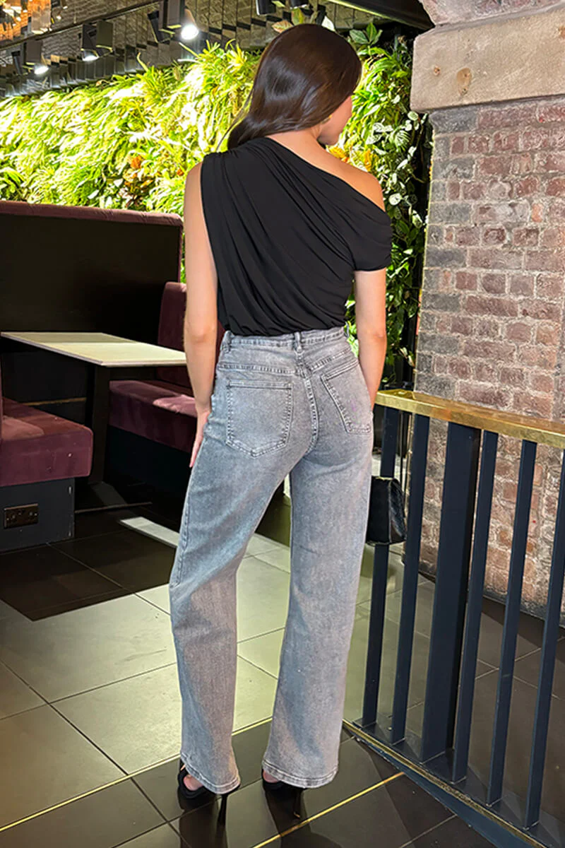 Black Off The Shoulder Draped Bodysuit - Swimclubus