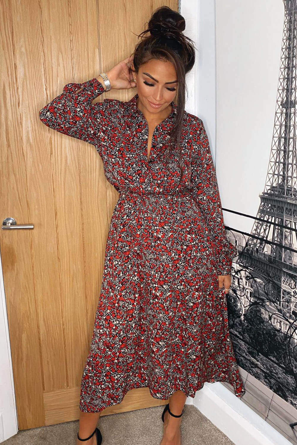 Red Ditsy Floral Button Up Midi Dress - Swimclubus