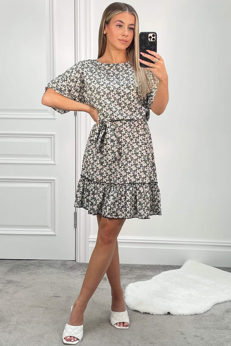 Floral Daisy Print Batwing Frill Dress - Swimclubus