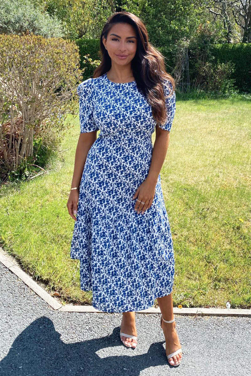 Blue Floral Frill Sleeve Midi Dress - Swimclubus