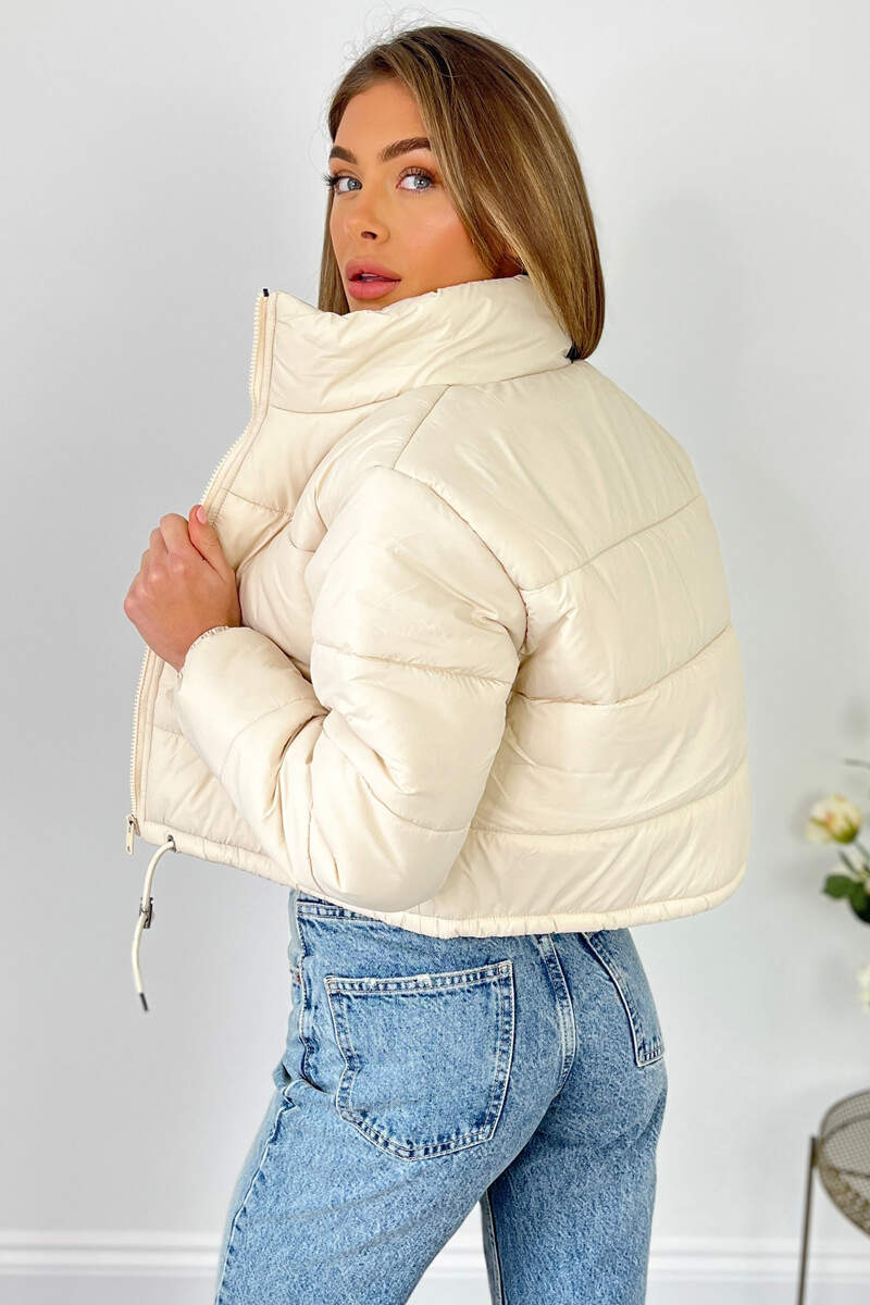 Beige Cropped Puffer Jacket - Swimclubus