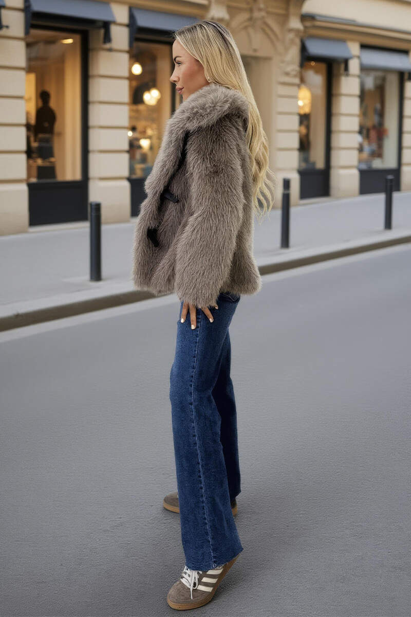 Mink Faux Fur Shawl Collar Buckle Detail Jacket - Swimclubus