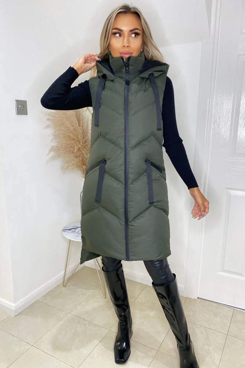 Khaki Hooded Zip Up Gilet - Swimclubus