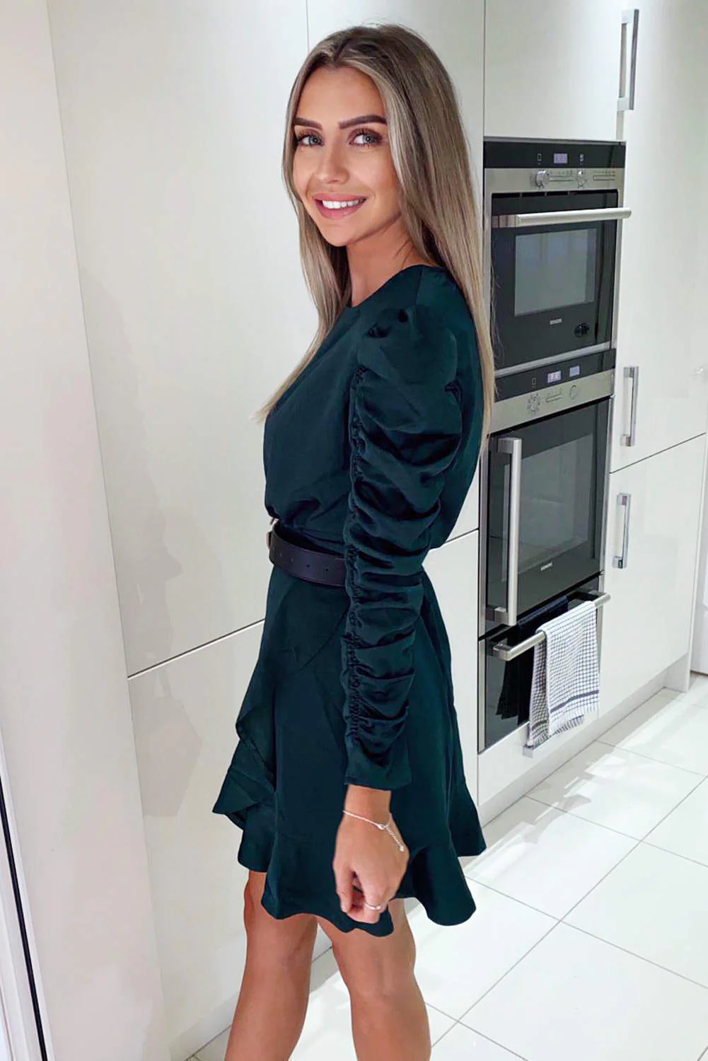 Teal Ruched Sleeve Skater Dress - Swimclubus