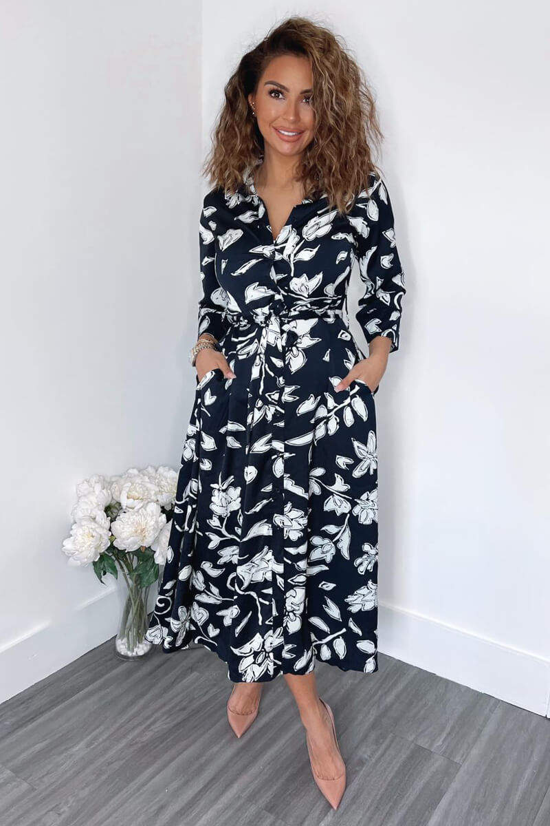 Navy And White Floral Printed Midi Shirt Dress - Swimclubus