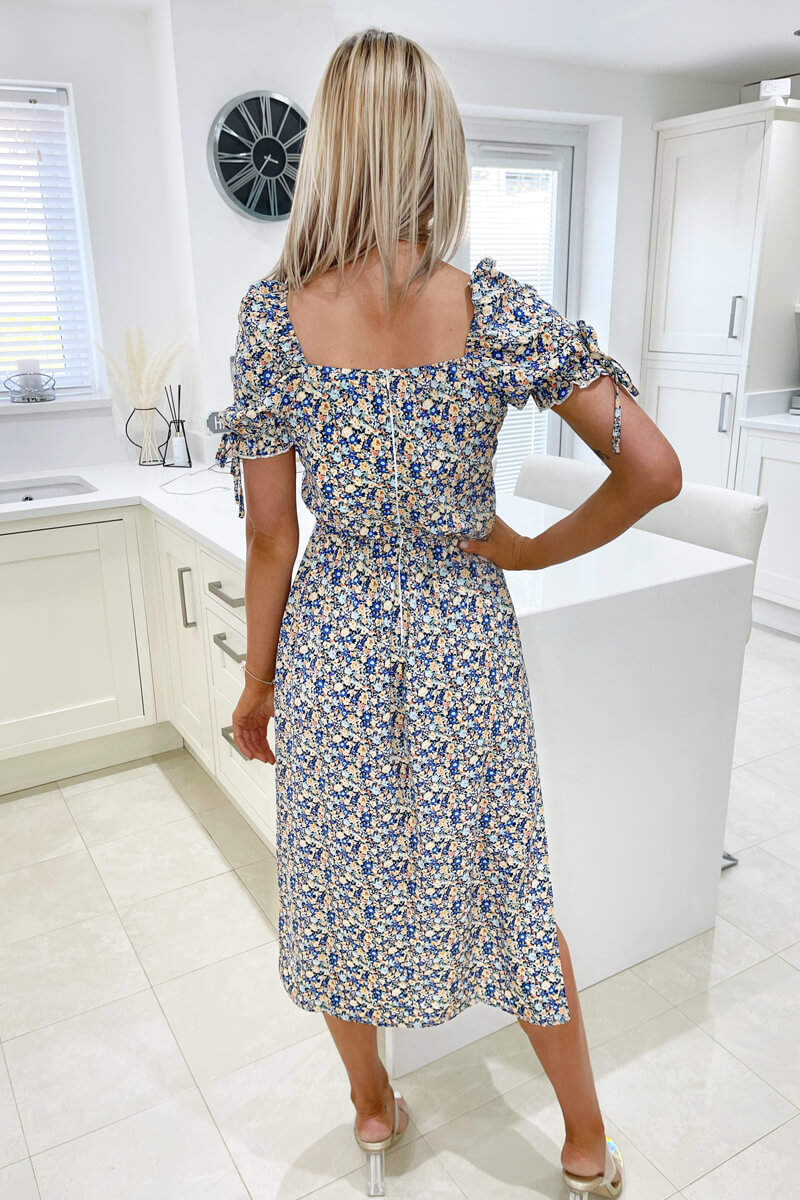 Multi Floral Square Neck Split Dress - Swimclubus