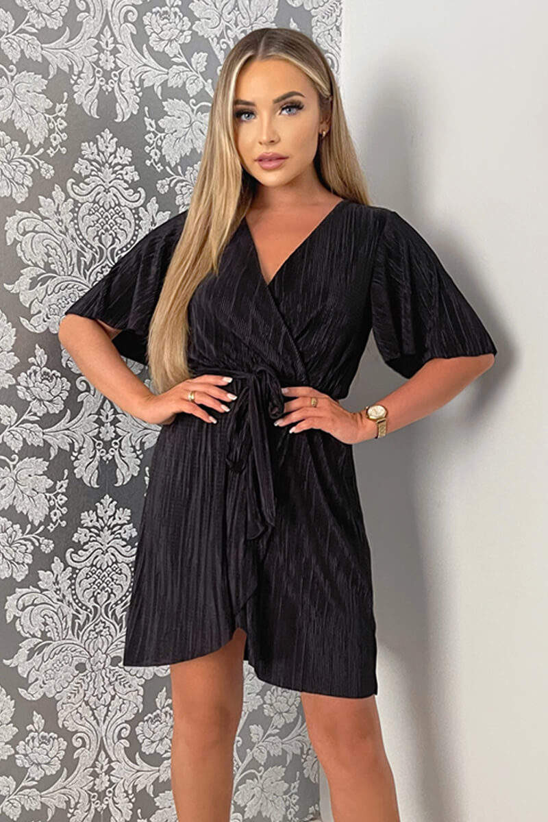 Black Wrap Top Belted Short Sleeve Plisse Mini Dress - Swimclubus