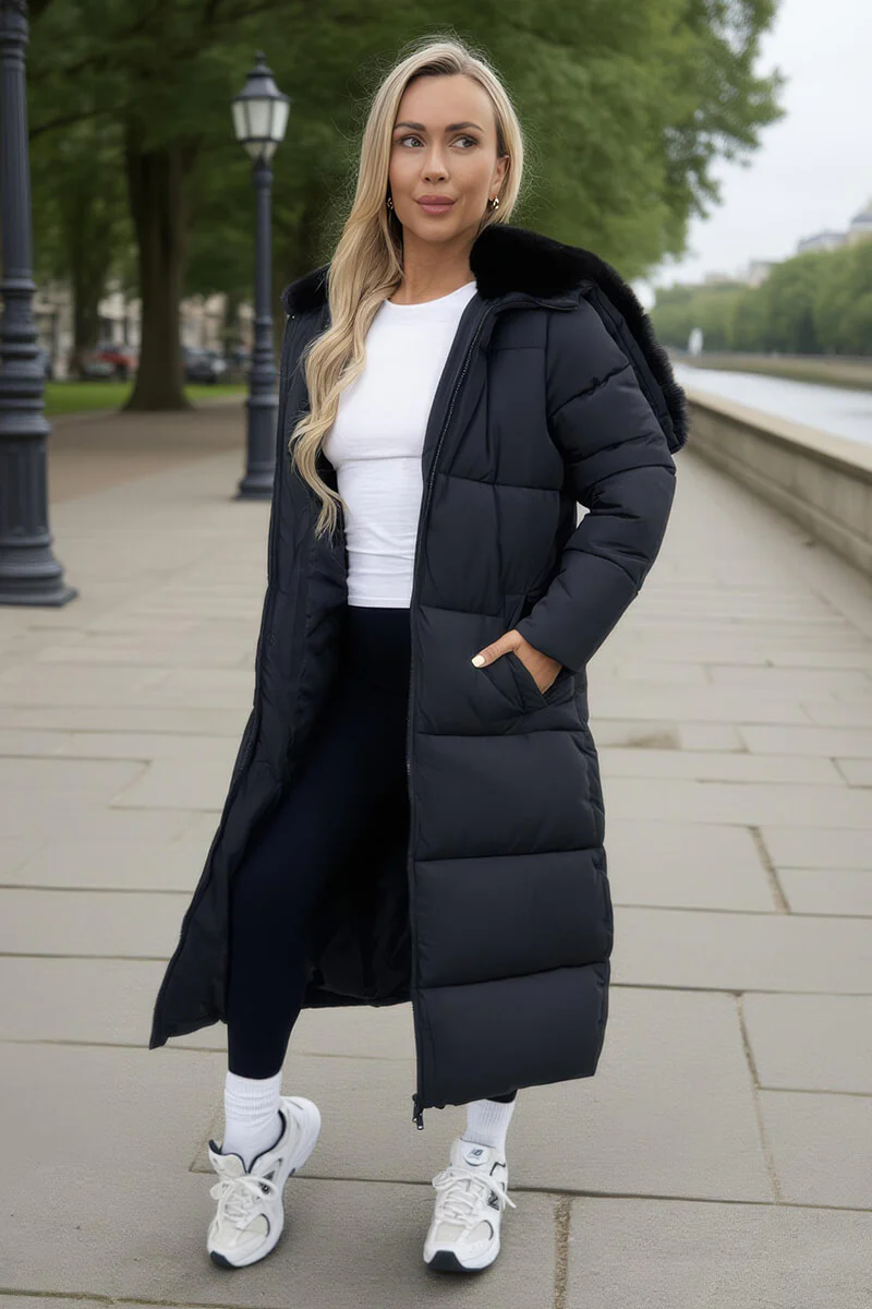 Black Split Hood Longline Puffer Coat - Swimclubus