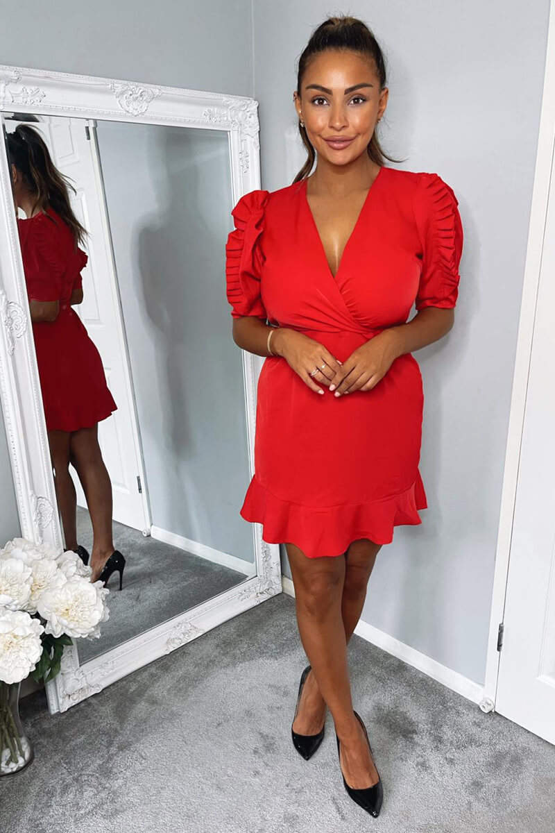 Red Pleated Sleeve Wrap Dress - Swimclubus