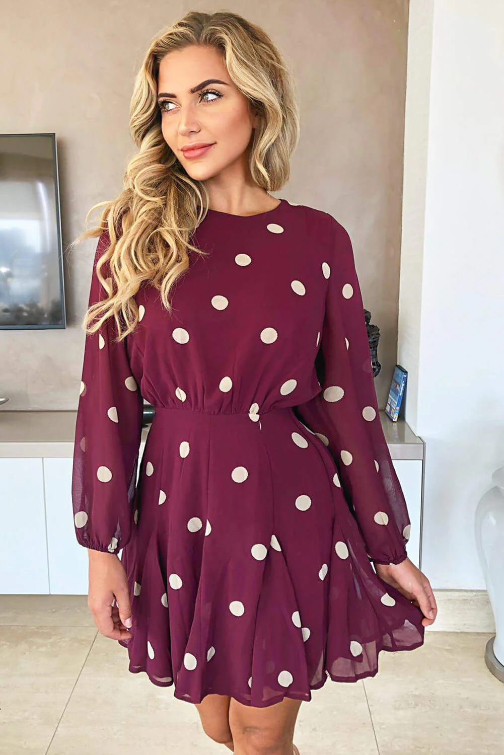 Wine Spotty Pleated Skirt Dress - Swimclubus
