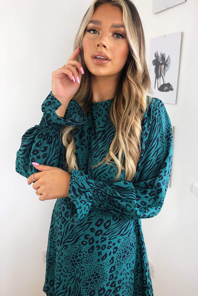 Teal Animal Printed Elastic Cuff Dress - Swimclubus