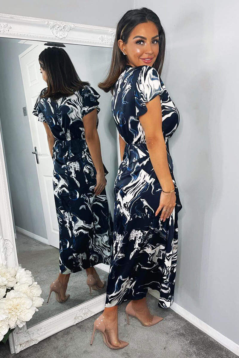Navy Marble Print Short Sleeve Ruffle Midi Dress - Swimclubus