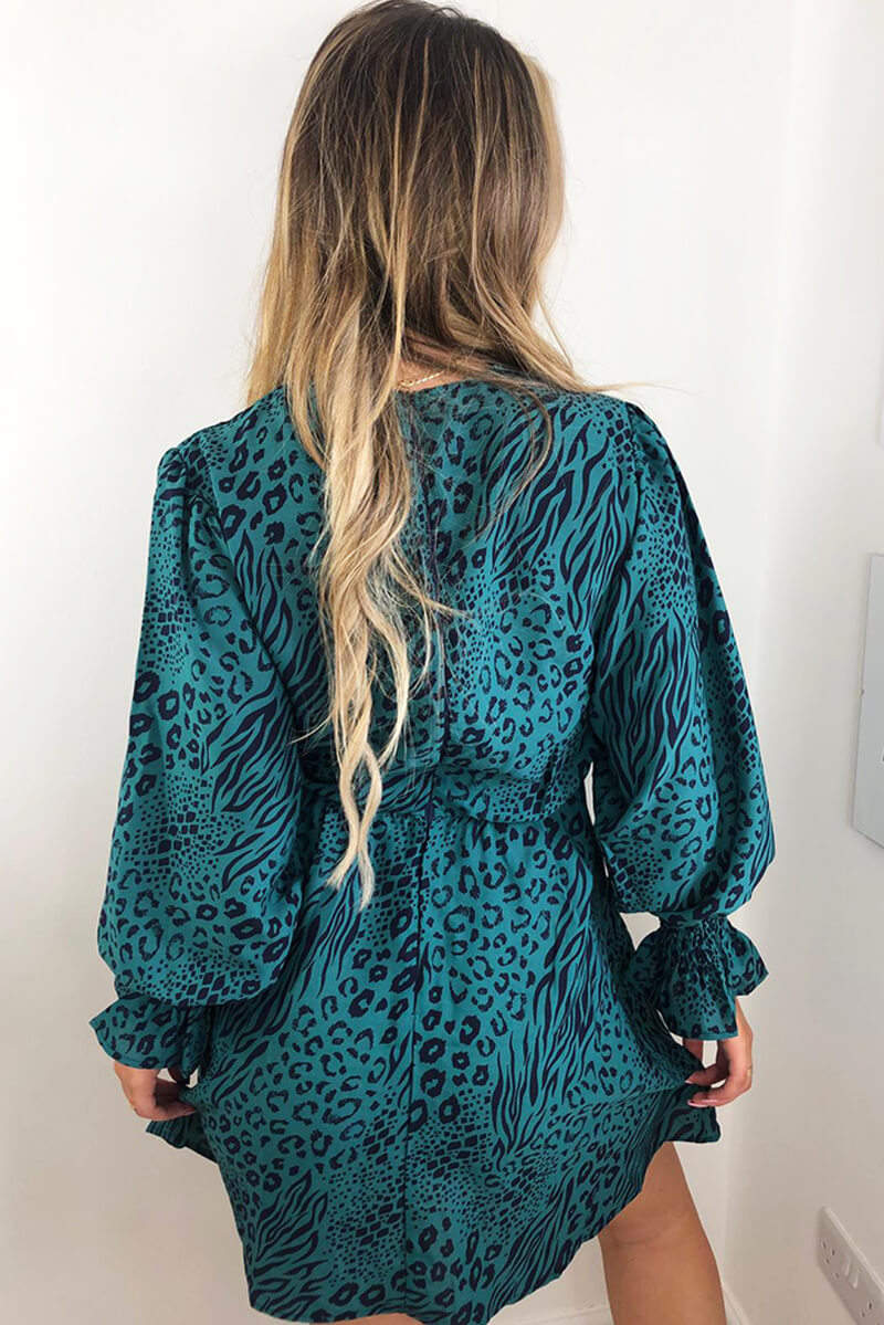 Teal Animal Printed Elastic Cuff Dress - Swimclubus