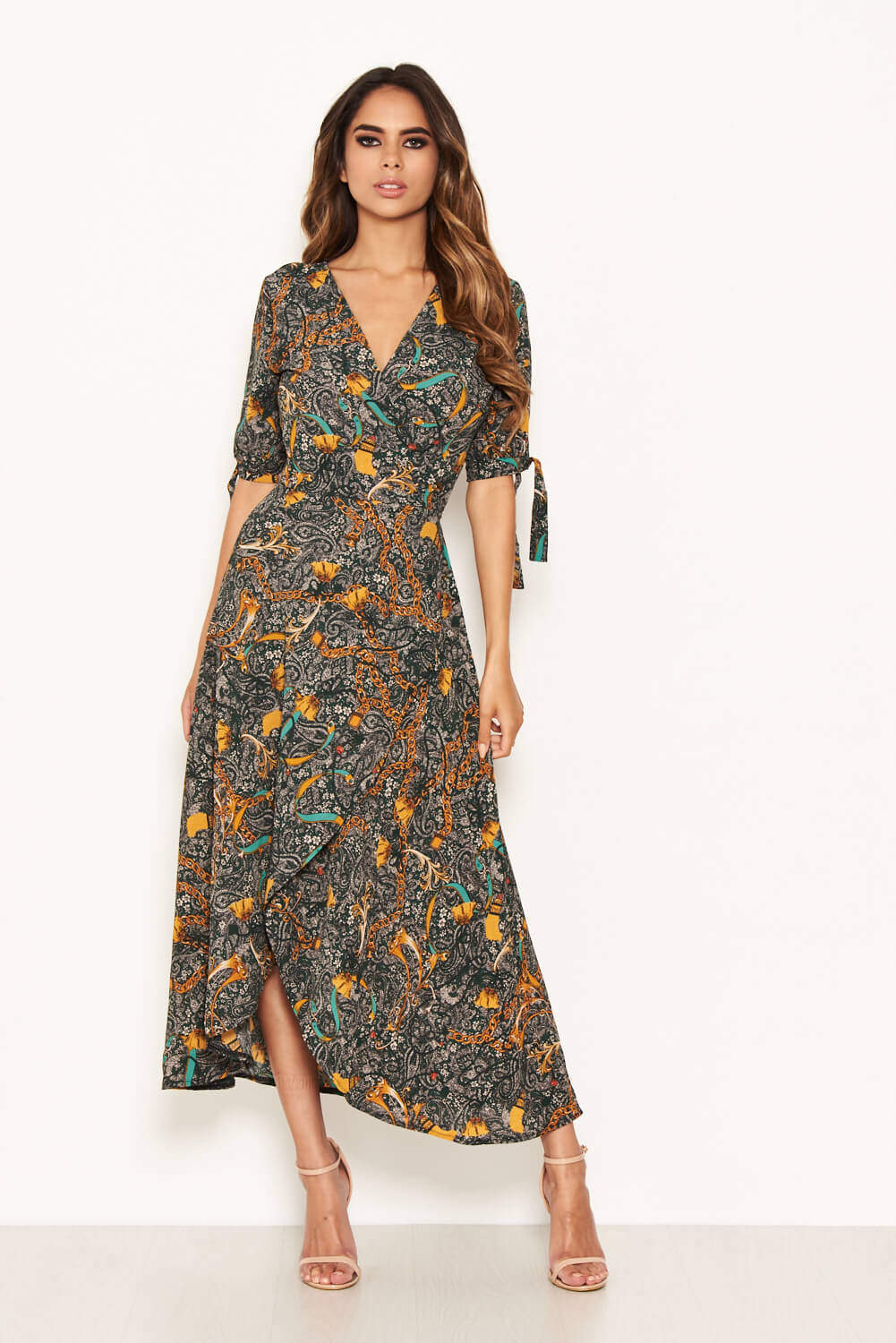 Green Printed Wrap Midi Dress With Tie Sleeves - Swimclubus