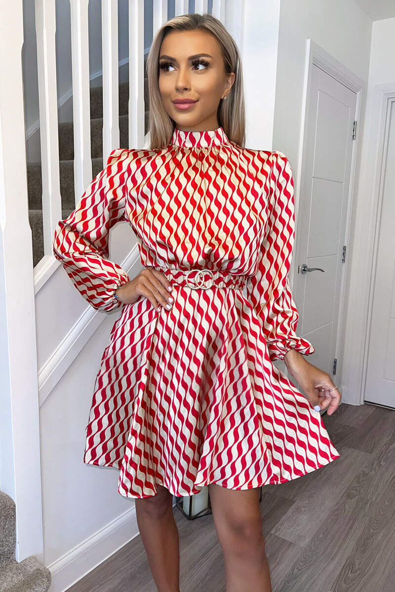 Red and Stone Printed Long Sleeve Skater Dress - Swimclubus