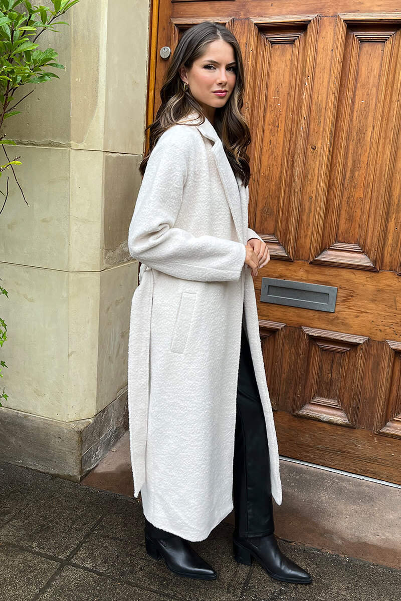 Cream Boucle Tie Belt Longline Trench Coat - Swimclubus