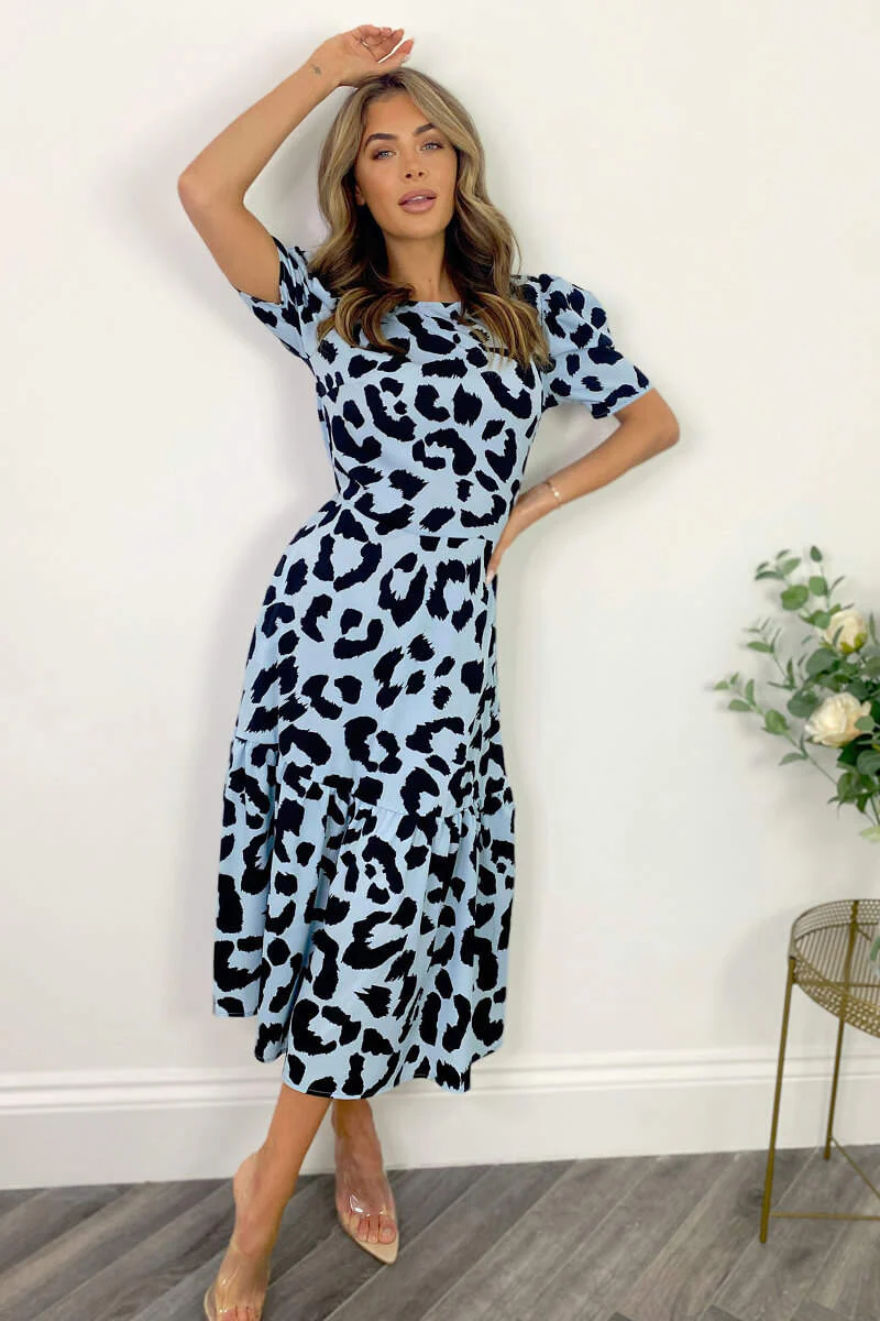 Blue and Black Animal Print Short Sleeve Midi Smock Dress - Swimclubus