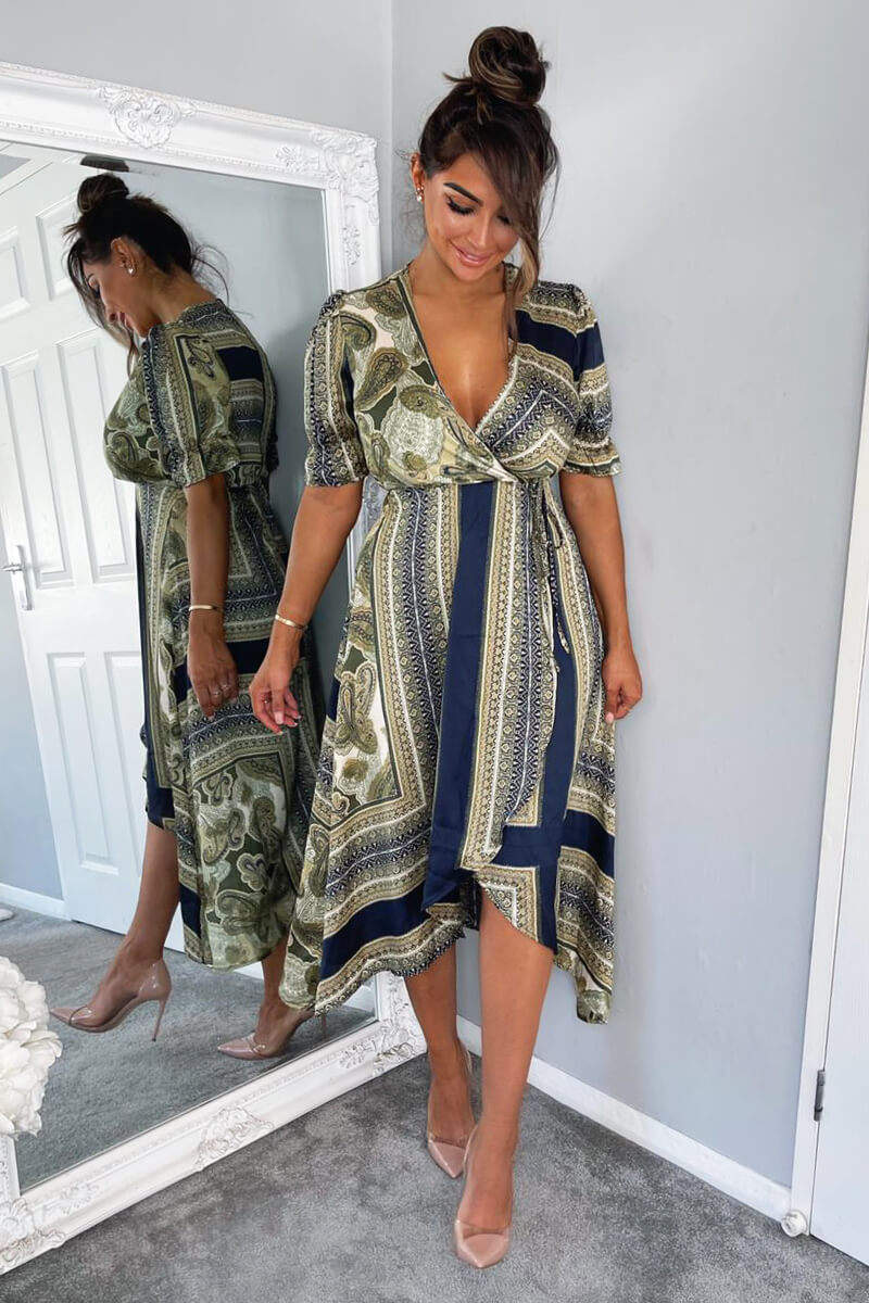 Khaki Scarf Print Wrap Midi Dress - Swimclubus