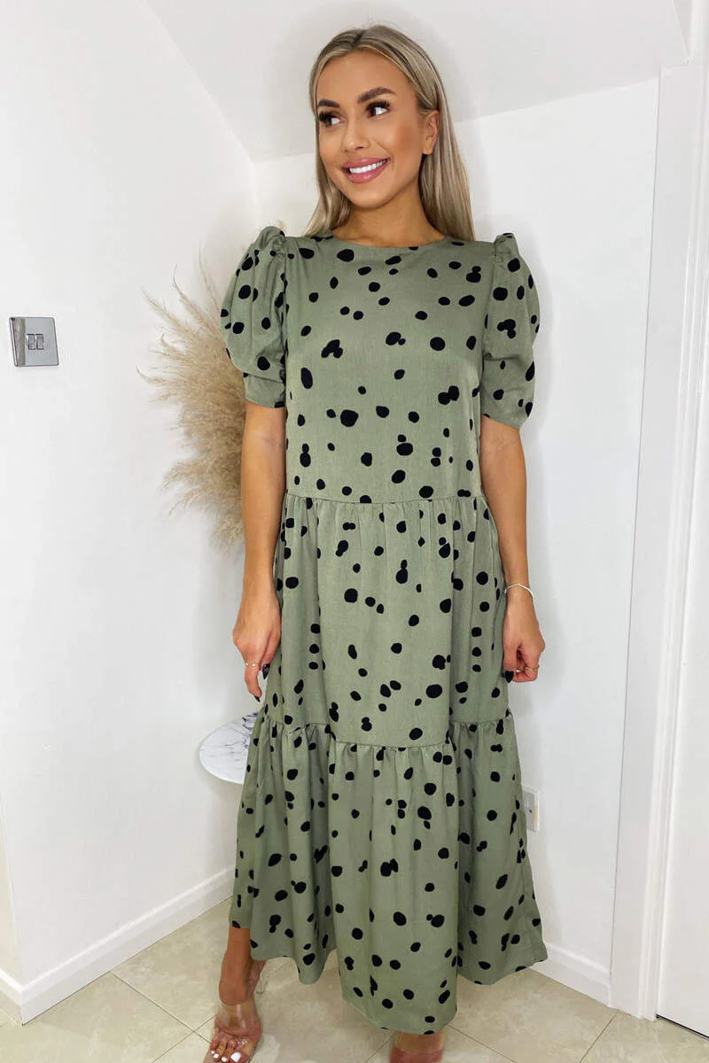 Khaki Polka Dot Short Sleeve Tiered Midi Dress - Swimclubus