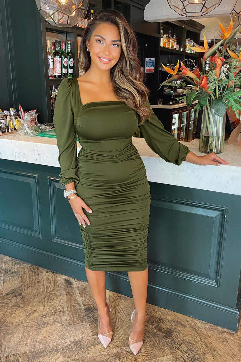 Olive Square Neck Ruched Midi Dress - Swimclubus