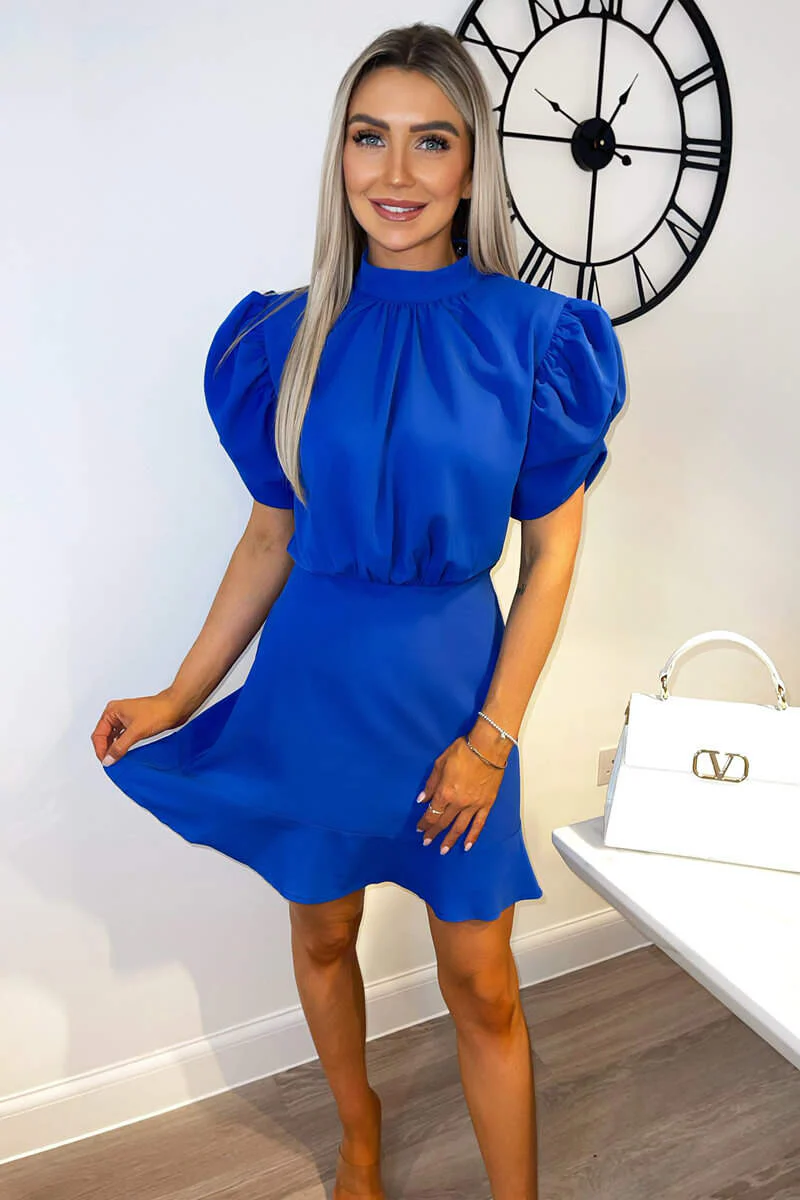 Blue High Neck Puff Sleeve Skater Dress - Swimclubus