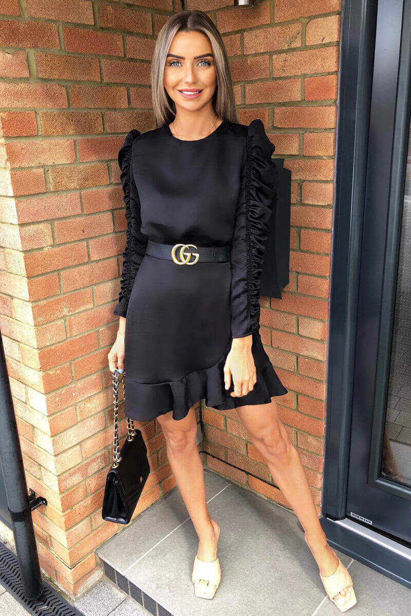 Black Ruched Sleeve Skater Dress - Swimclubus