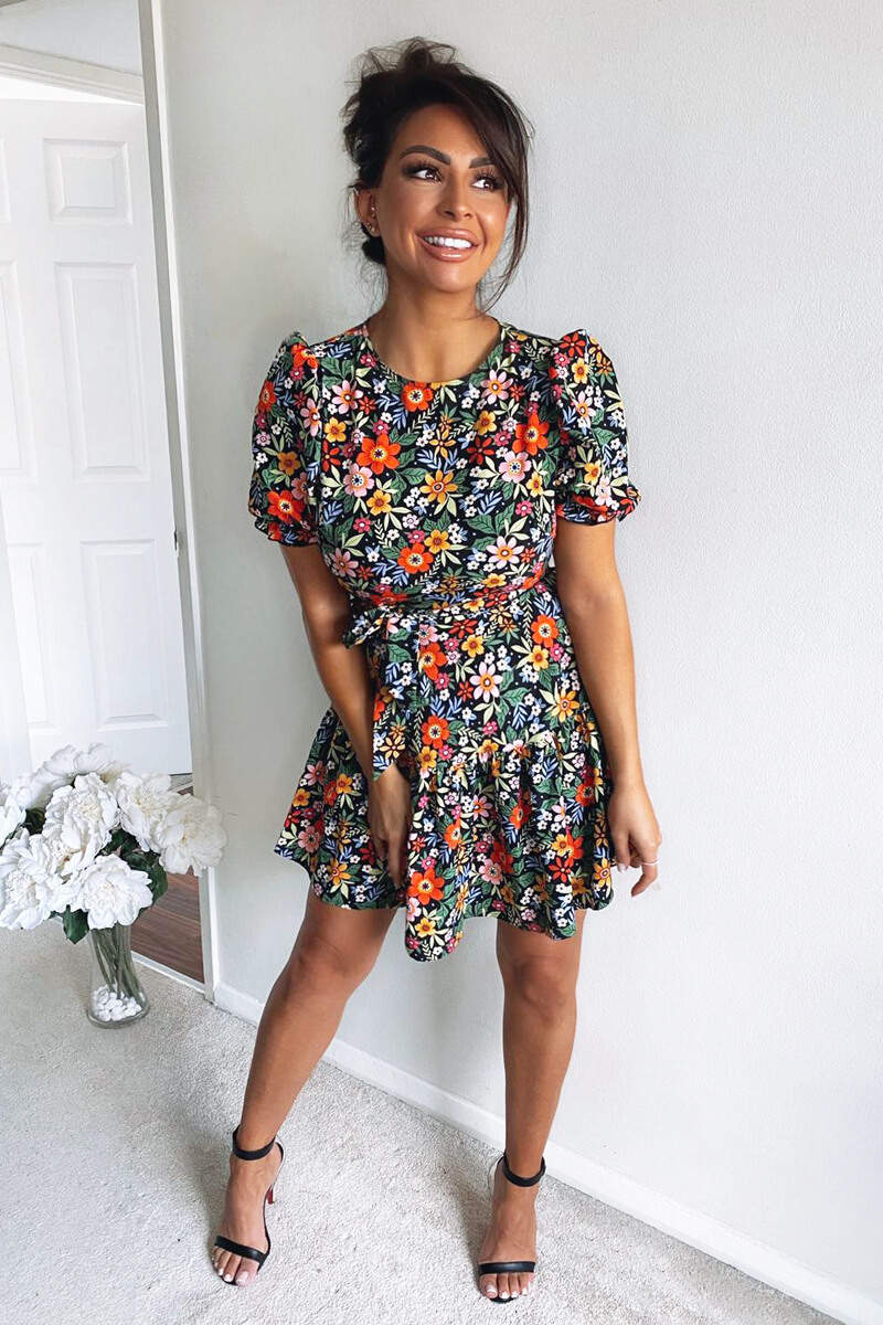 Black Floral Puff Sleeve Tie Waist Dress - Swimclubus