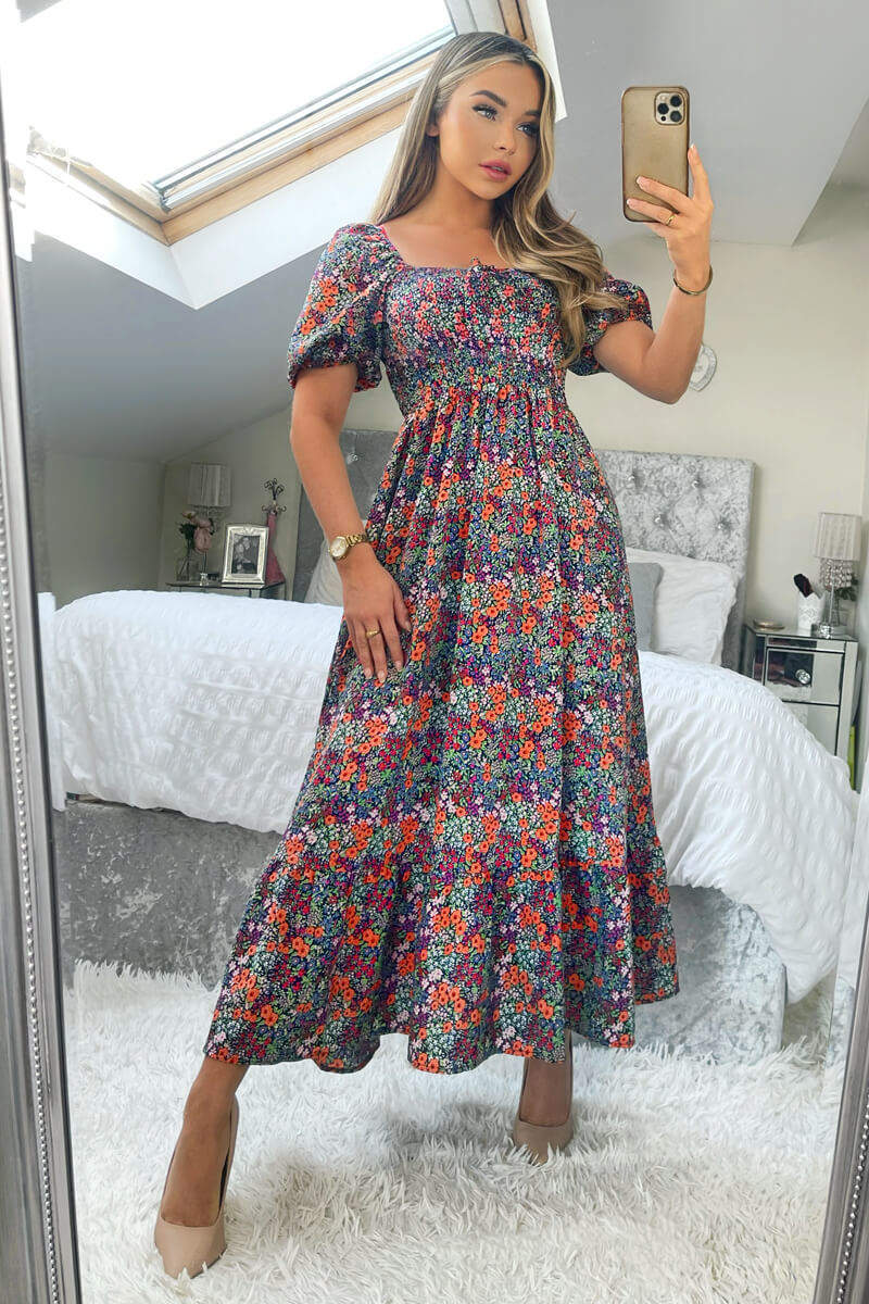 Navy And Orange Floral Printed Puff Sleeve Smock Dress - Swimclubus