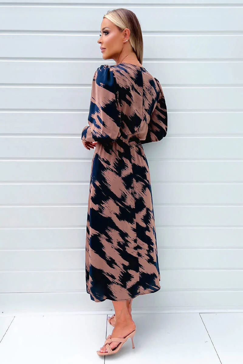 Brown And Navy Printed Long Sleeve Midi Dress - Swimclubus