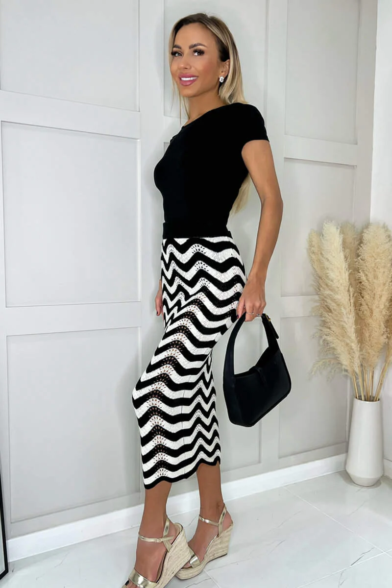 Black And White Zig Zag Crochet Midi Skirt - Swimclubus