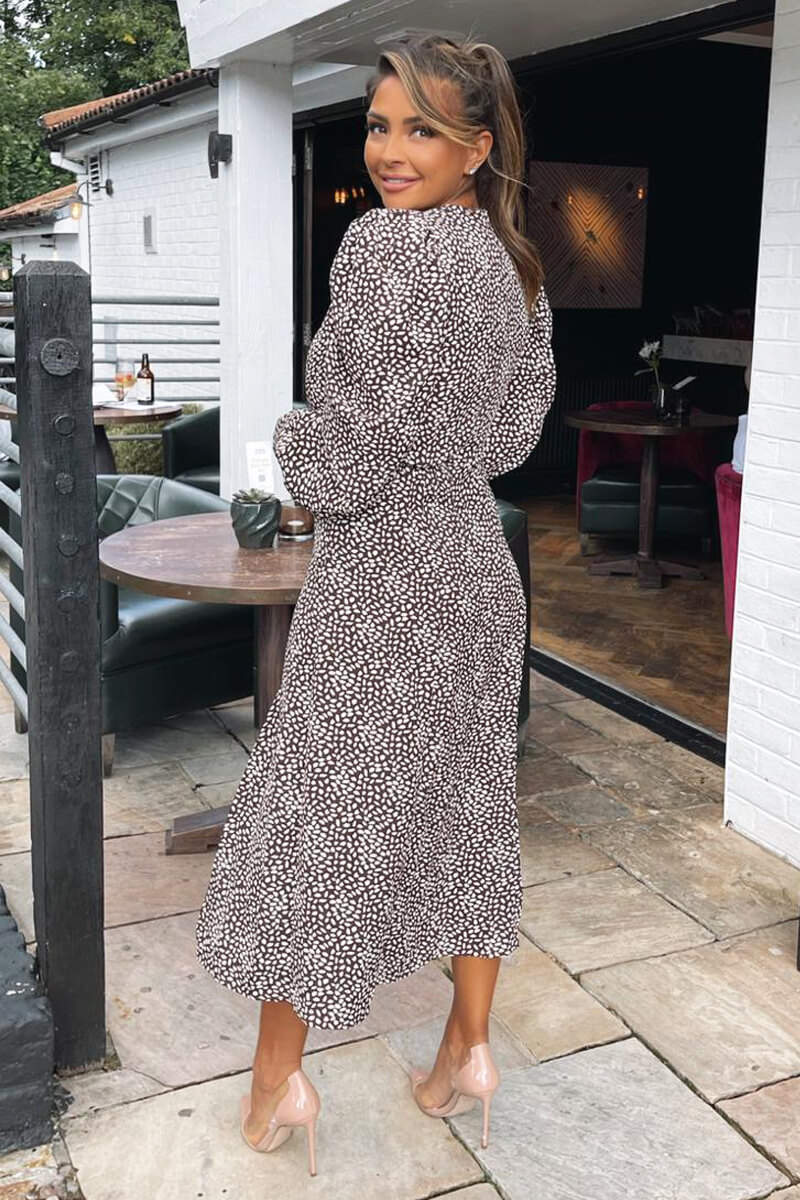 Brown Printed Long Sleeve Split Leg Midi Dress - Swimclubus