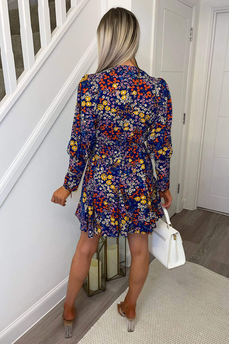 Navy Floral Print V-Neck Long Sleeve Skater Dress - Swimclubus