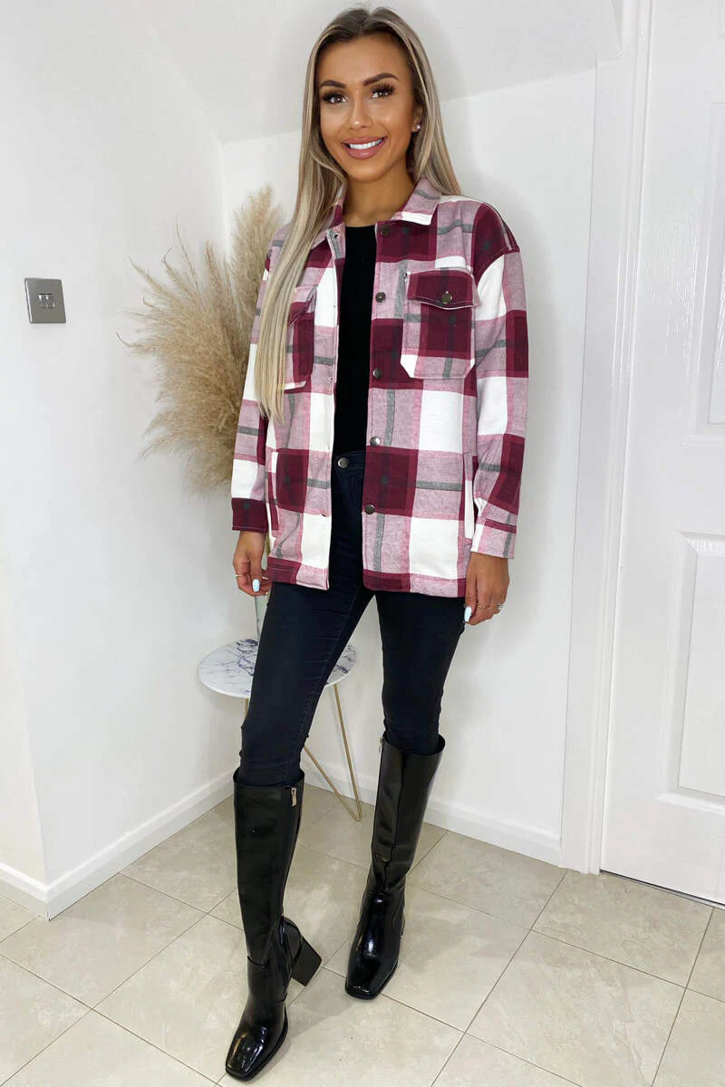 Wine Checked Shirt Jacket - Swimclubus