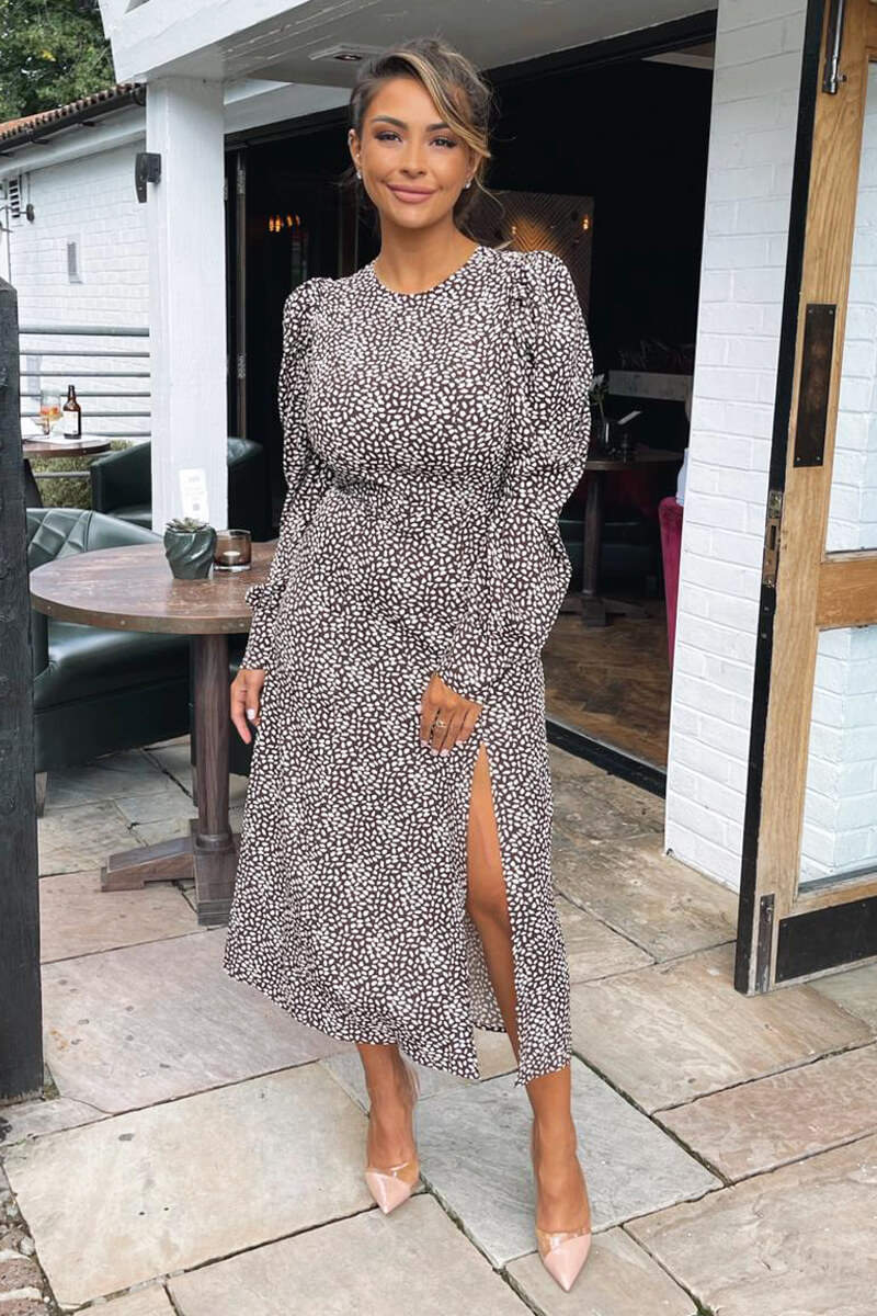 Brown Printed Long Sleeve Split Leg Midi Dress - Swimclubus