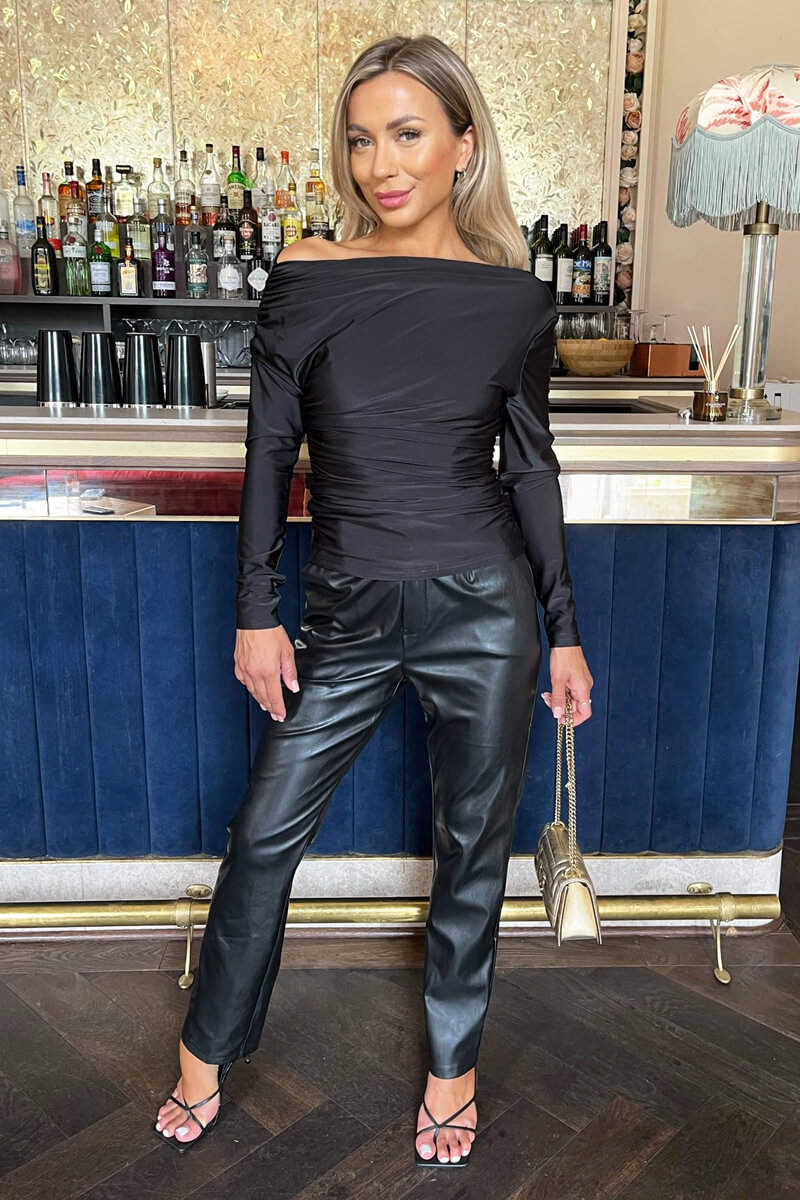 Black Off The Shoulder Long Sleeves Ruched Waist Top - Swimclubus