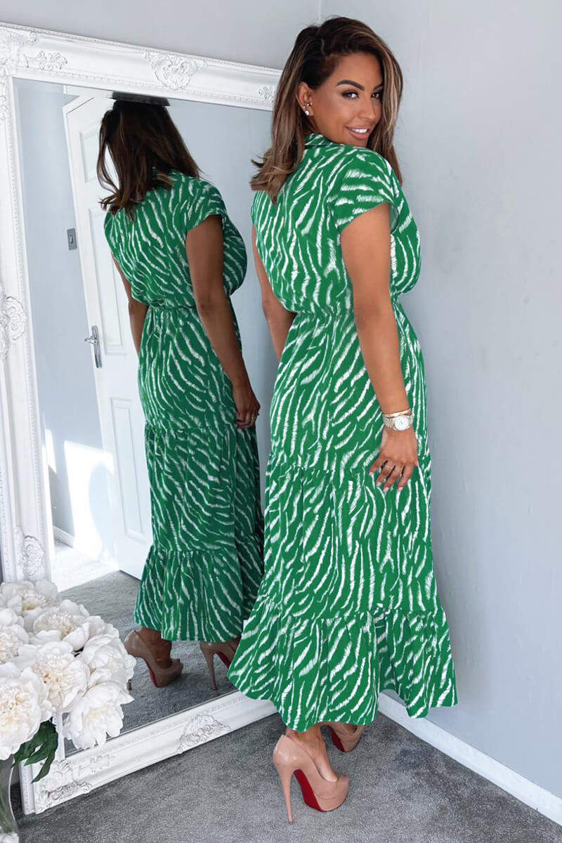 Green And White Animal Print Collared Smock Midi Dress - Swimclubus