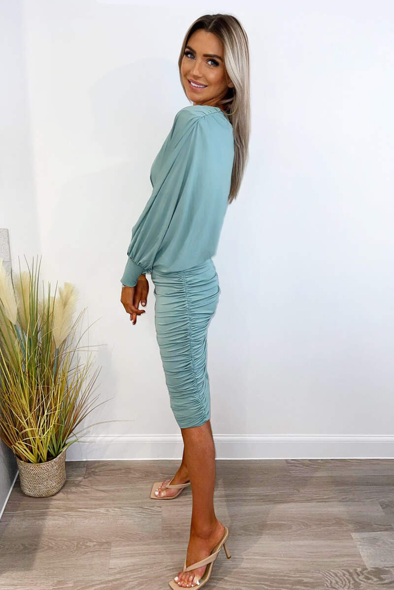 Duck Egg Ruched Back Wide Sleeve Midi Dress - Swimclubus