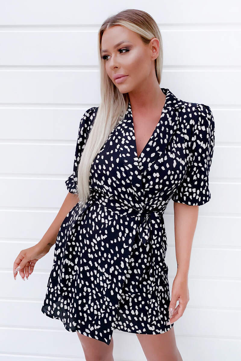 Black Printed Wrap Tie Dress - Swimclubus
