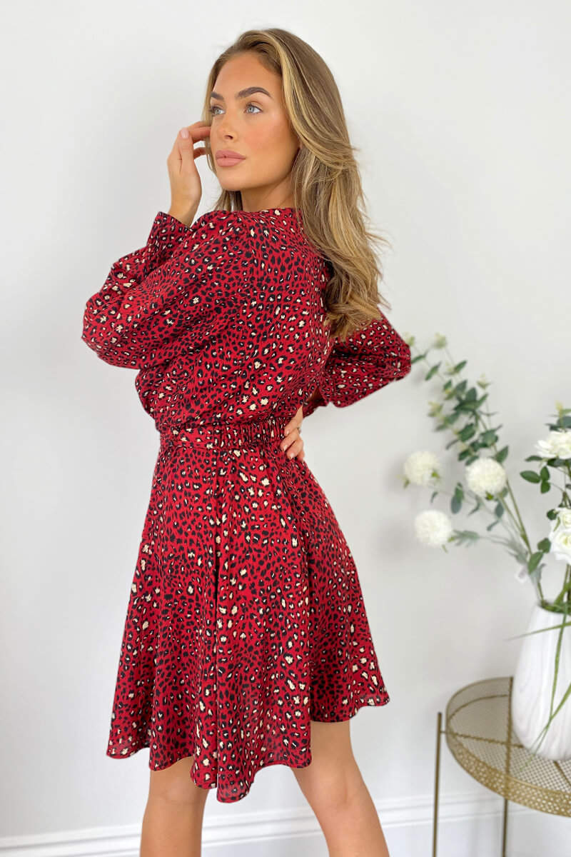 Red Printed Wrap Over Belted Skater Dress - Swimclubus