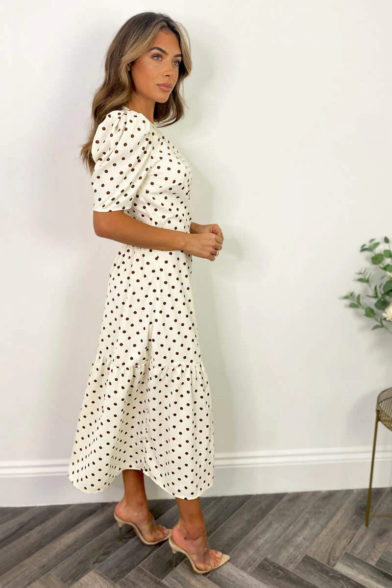 Cream And Brown Polka Dot Midi Smock Dress - Swimclubus