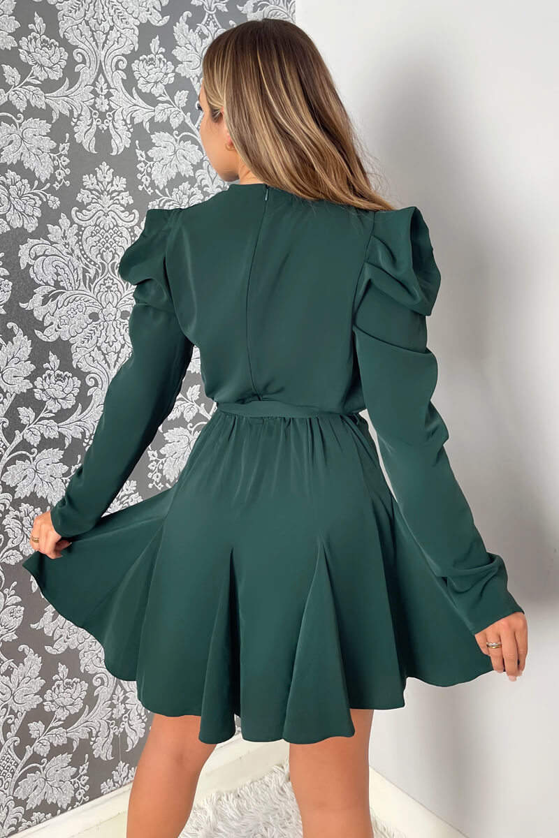 Teal Long Sleeve Tie Waist Skater Dress - Swimclubus